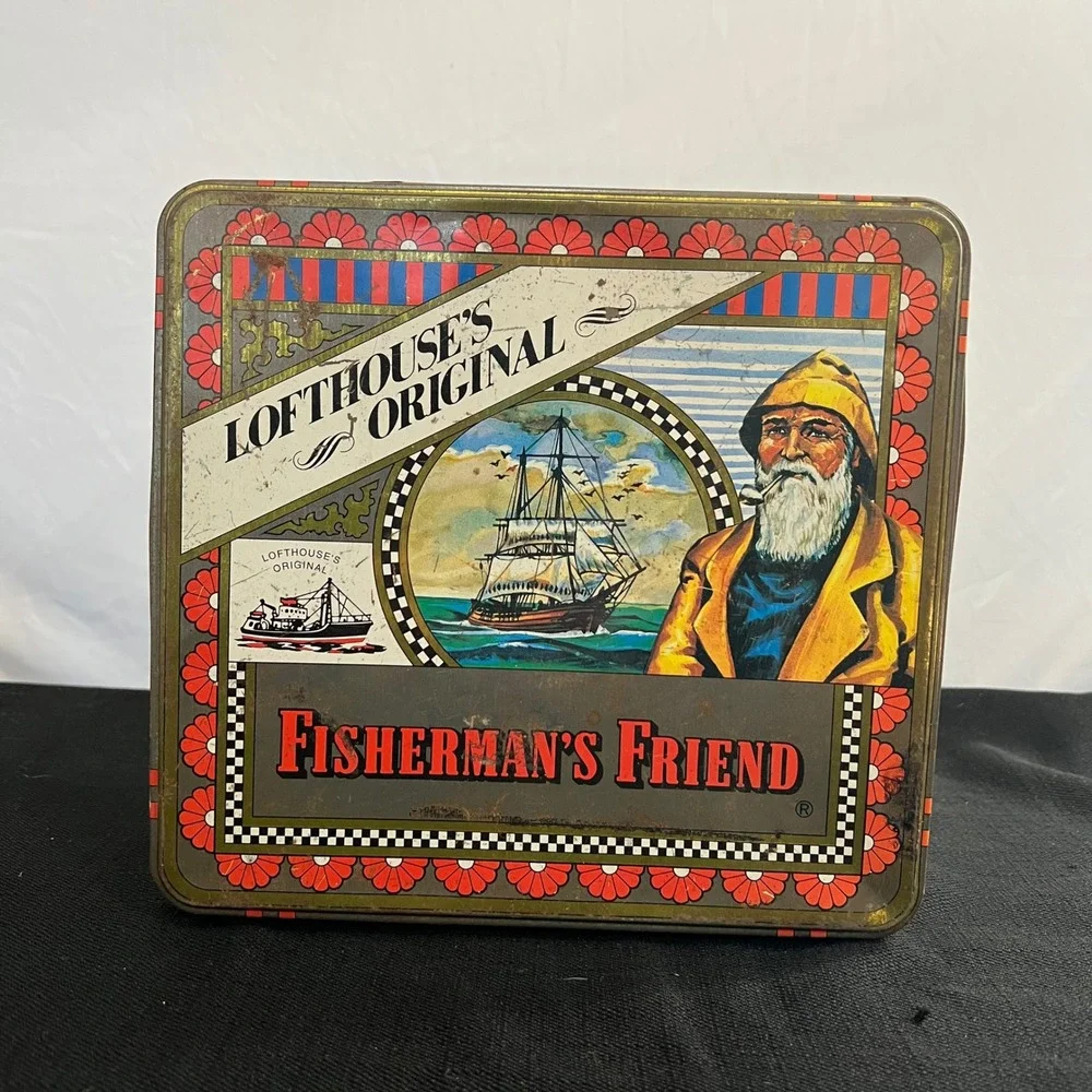 Vintage Lofthouse's Original Fisherman's Friend Nautical Metal Storage Tin 8.5